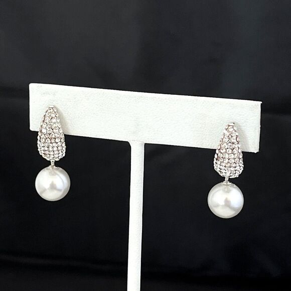 Designer Earrings Silver Tone Crystals Simulated Pearls Dangle Bridal Jewelry 4B - Picture 2 of 6